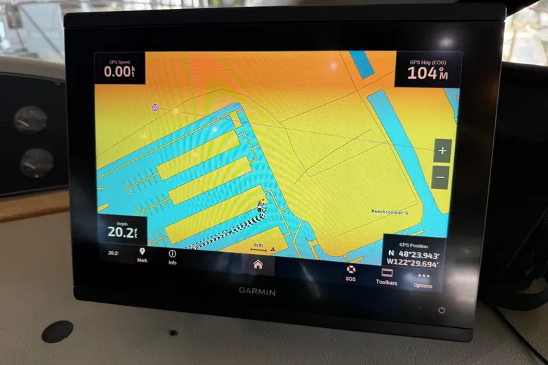 Slide: The Image of Interior of 1999 Bayliner 3988 Command Bridge Motoryacht with helm and control panel. - 26