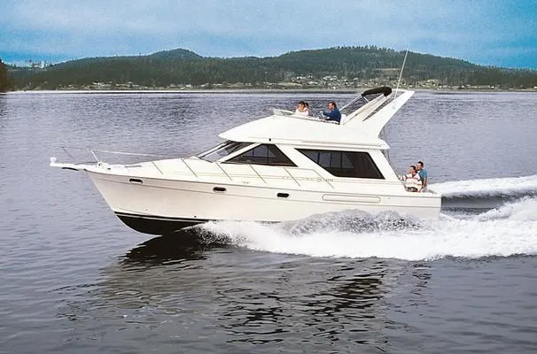 Slide: The Image of 1999 Bayliner 3988 Command Bridge Motoryacht with canopy and bell, docked at marina. - 95