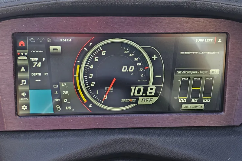 Slide: The Image of 2021 Centurion Fi21 dashboard display showing speed, temperature, and QuickSurf settings. - 22