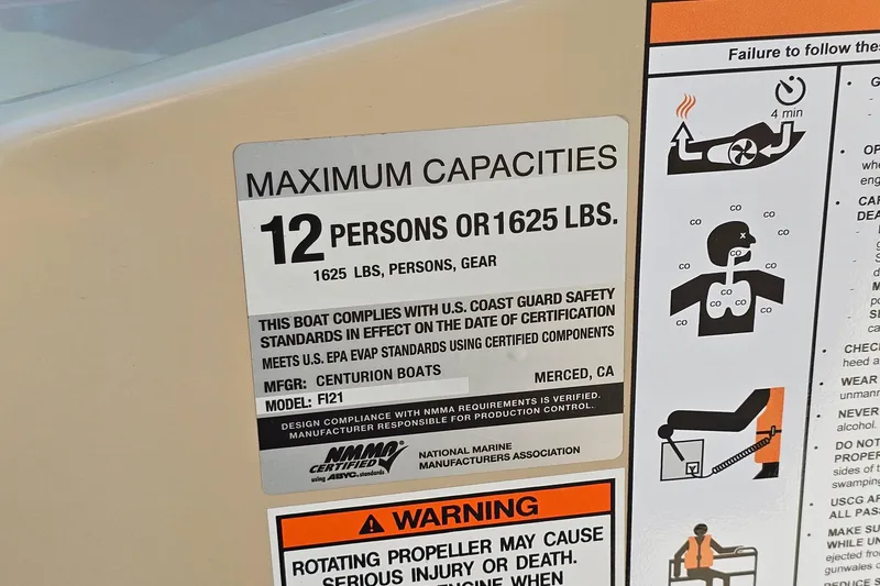Slide: The Image of Capacity label for 2021 Centurion Fi21 boat, max 12 persons or 1625 lbs. - 23