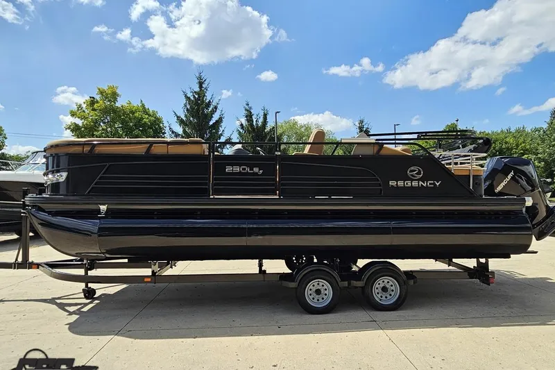 Slide: The Image of 2021 Regency 230 LE3 pontoon boat on trailer under a clear blue sky. - 30