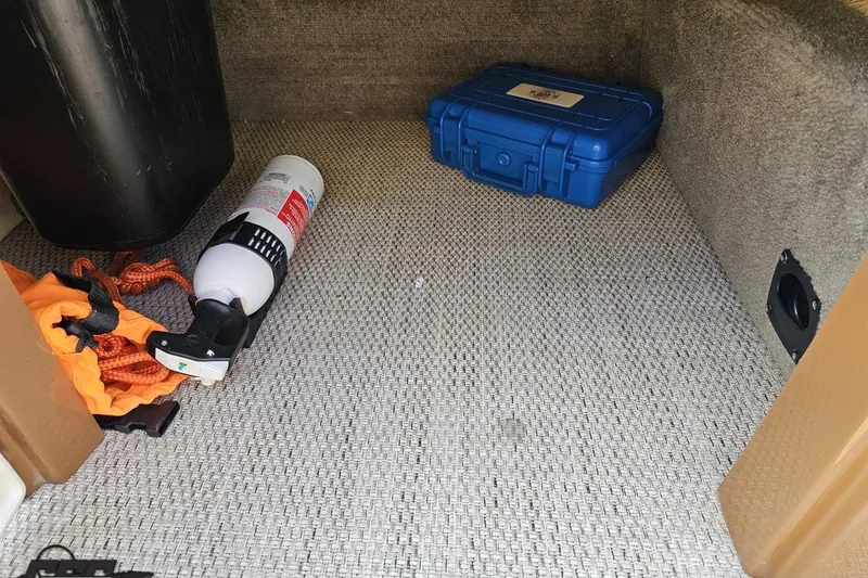 Slide: The Image of Storage compartment of 2021 Regency 230 LE3 with fire extinguisher and blue case. - 76