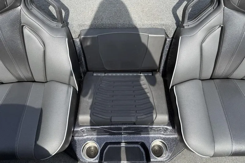 Slide: The Image of 2023 Ranger RT198P boat interior with gray seats and center console. - 22