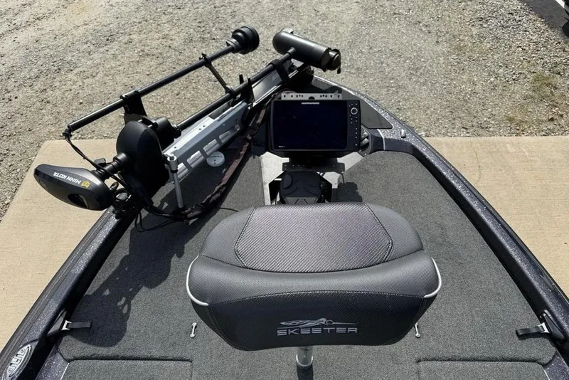 Slide: The Image of 2023 Ranger RT198P boat deck with trolling motor and fishing seat. - 5