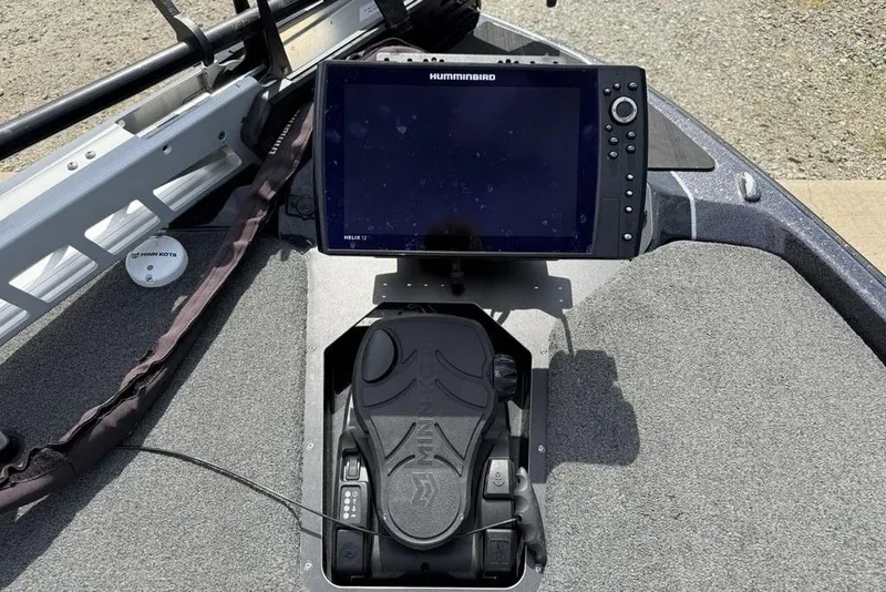 Slide: The Image of 2023 Ranger RT198P boat with Humminbird Helix 12 fishfinder and Minn Kota foot pedal. - 7