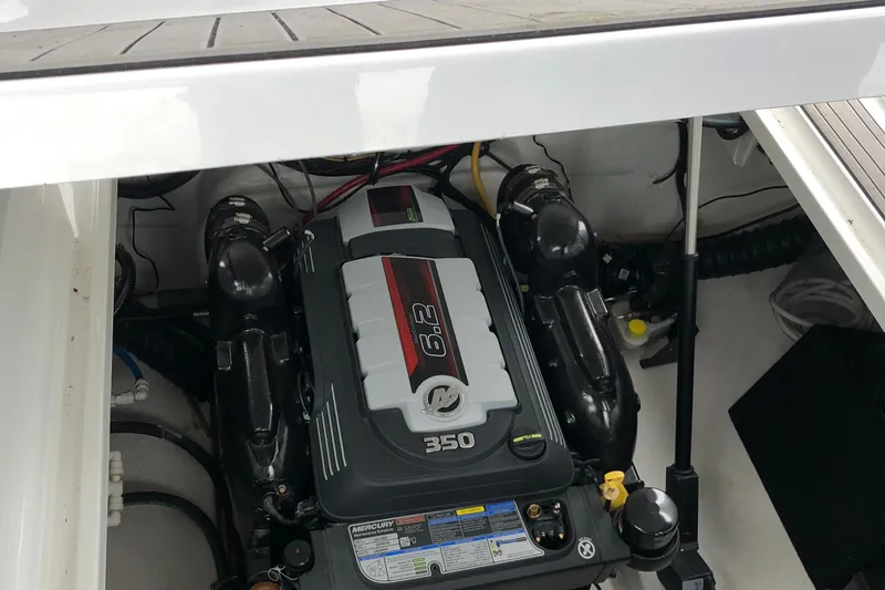 Slide: The Image of Engine compartment of a 2018 Monterey 295 Sport Yacht with a Mercury 6.2L 350 engine. - 27
