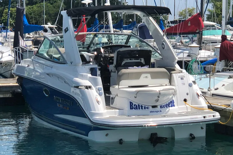 Slide: The Image of 2018 Monterey 295 Sport Yacht docked in a marina, rear view. - 5