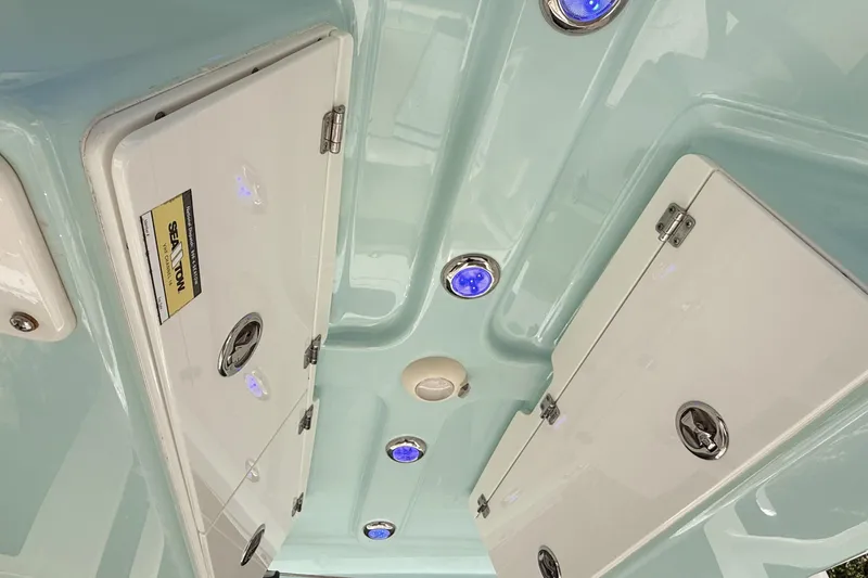 Slide: The Image of 2019 Pioneer 266 Pelagic boat interior with storage compartments and blue LED lights. - 26