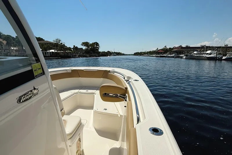 Slide: The Image of 2019 Pioneer 266 Pelagic boat cruising on a calm river under a clear blue sky. - 44
