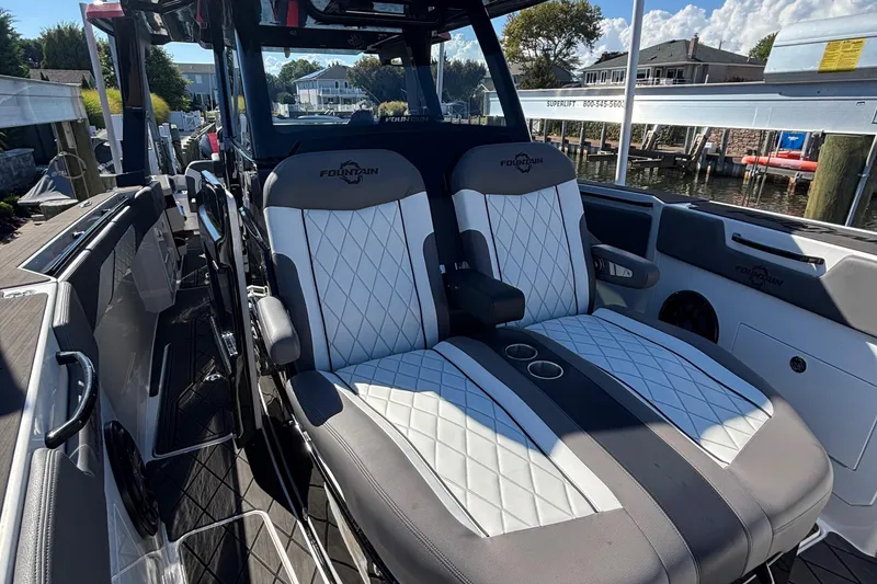 Slide: The Image of 2023 Fountain 38 SCX boat interior with modern seating and sleek design. - 20