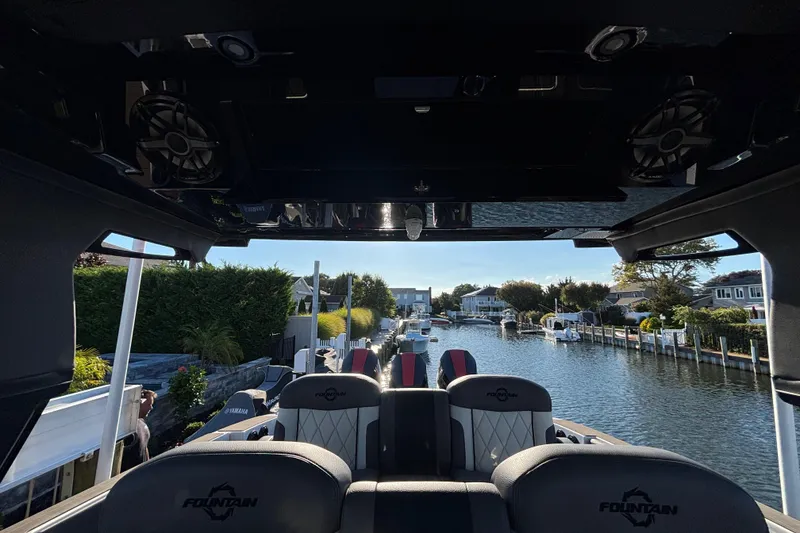 Slide: The Image of 2023 Fountain 38 SCX boat seating with luxurious diamond-stitched upholstery. - 43