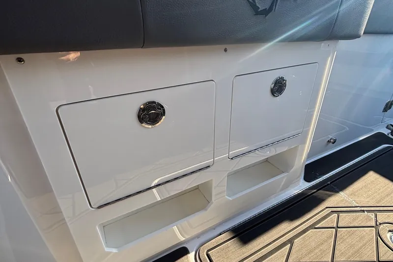 Slide: The Image of 2023 Fountain 38 SCX boat interior with luxurious diamond-stitched seating. - 44