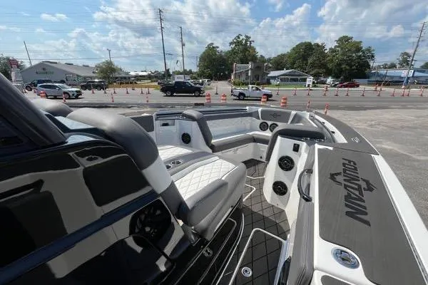 Slide: The Image of 2023 Fountain 38 SCX boat interior with sleek black roof and skylight. - 76