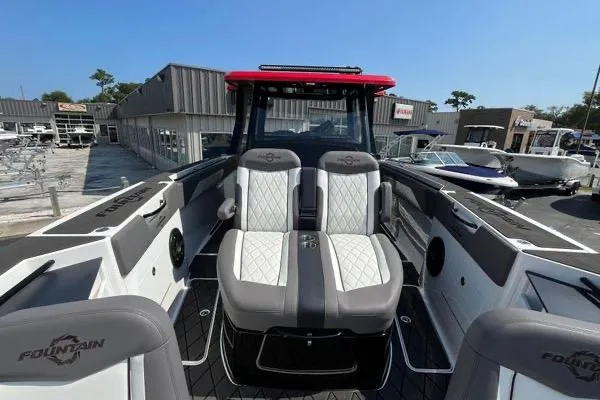 Slide: The Image of 2023 Fountain 38 SCX boat interior with sleek black roof and skylight. - 78