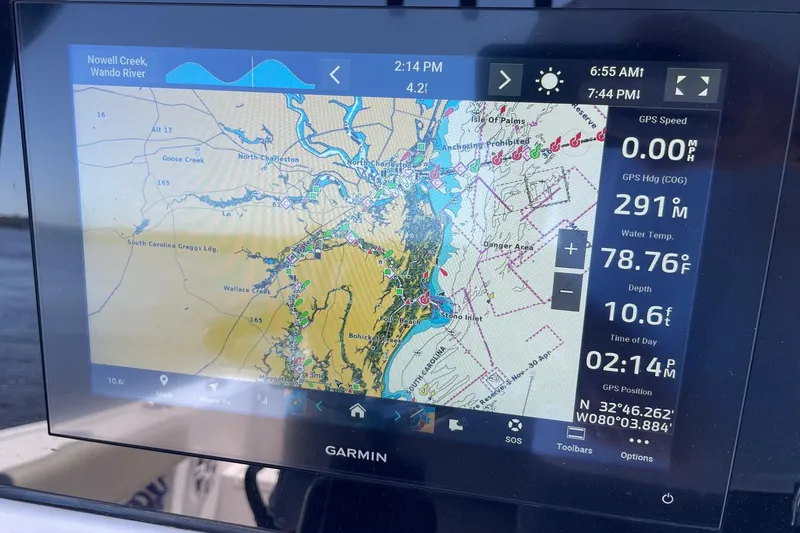 Slide: The Image of Garmin GPS display on 2024 Sportsman Open 232 Center Console, showing navigation and water data. - 43