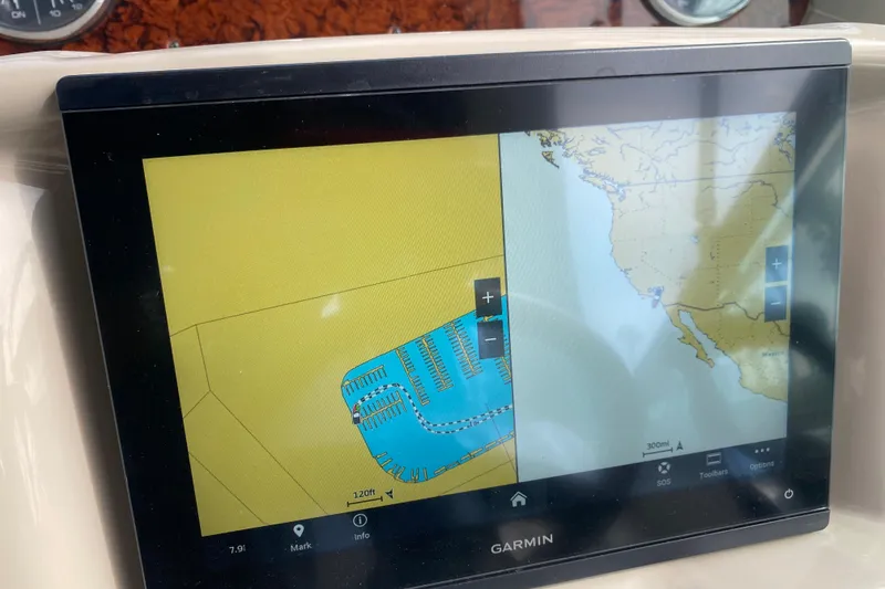 Slide: The Image of Garmin navigation display on 2007 Sea Ray 300 Sundancer boat, showing nautical charts. - 8