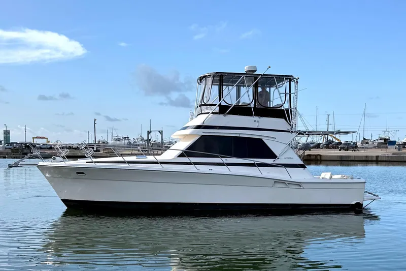 Slide: The Image of 1996 Riviera 39 Open Flybridge yacht docked in a marina under a clear blue sky. - 2