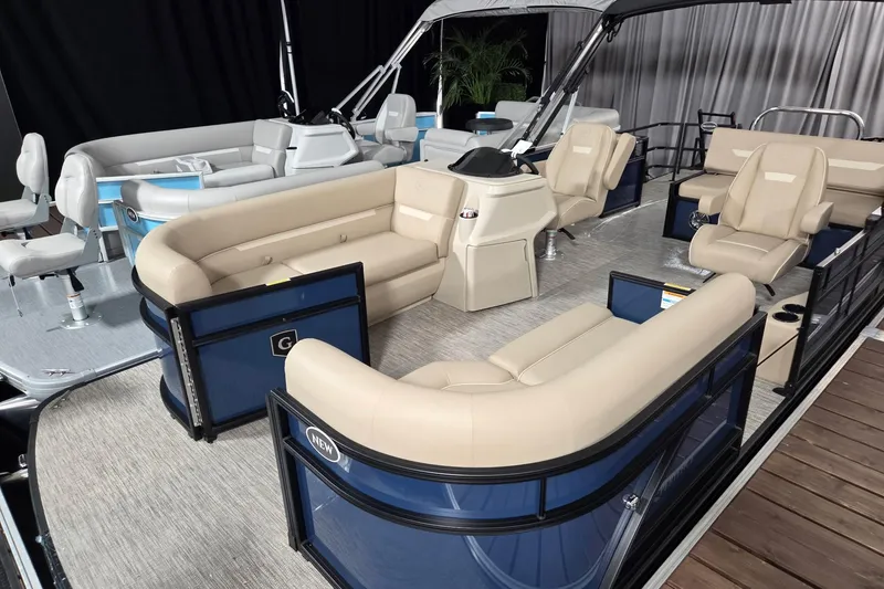 Slide: The Image of 2026 Godfrey Xperience 2286 SFLX pontoon boat with luxurious seating and modern design. - 1