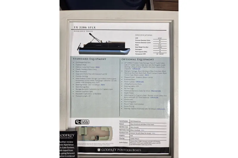 Slide: The Image of 2026 Godfrey Xperience 2286 SFLX pontoon boat specifications and equipment details. - 2