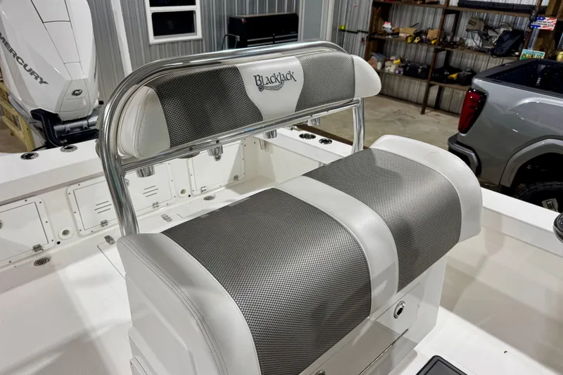 Slide: The Image of 2023 BlackJack 256 Coastal boat interior with cushioned seating and Mercury engine. - 8