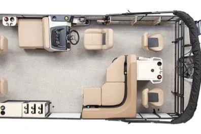 Slide: The Image of 2026 Lowe LF 194 pontoon boat in a showroom, featuring sleek black design and modern seating. - 2