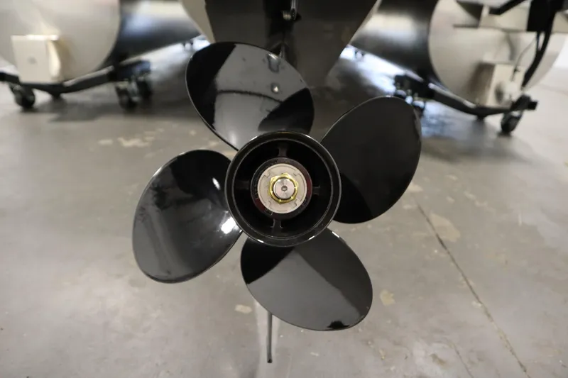 Slide: The Image of Close-up of a black propeller on a 2026 Lowe LF 194 boat. - 45