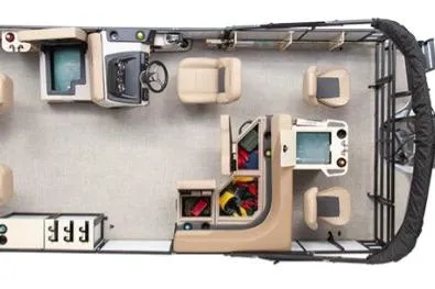 Slide: The Image of 2026 LOWE BOATS LF 194 pontoon boat interior layout, featuring seating and storage areas. - 48