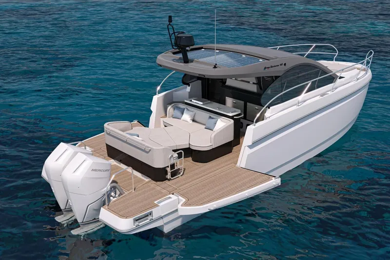 Slide: The Image of 2026 Beneteau Gran Turismo 40 yacht on clear blue water, showcasing luxury design. - 26
