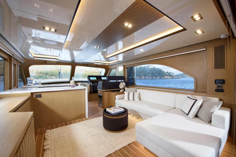 Slide: The Image of Luxurious interior of 2025 Vicem 65 Classic yacht with modern furnishings and scenic views. - 5