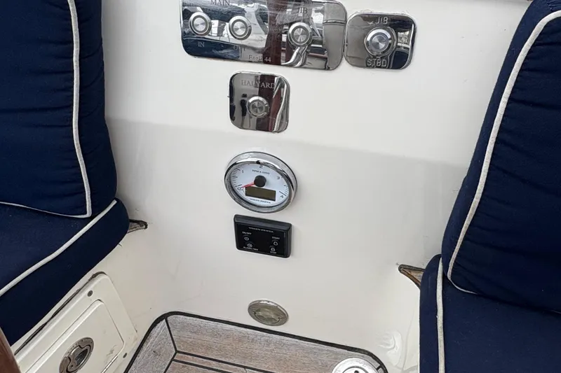 Slide: The Image of Cockpit of 2017 Leonardo Yachts Eagle 44 with gauges and navy cushions. - 24
