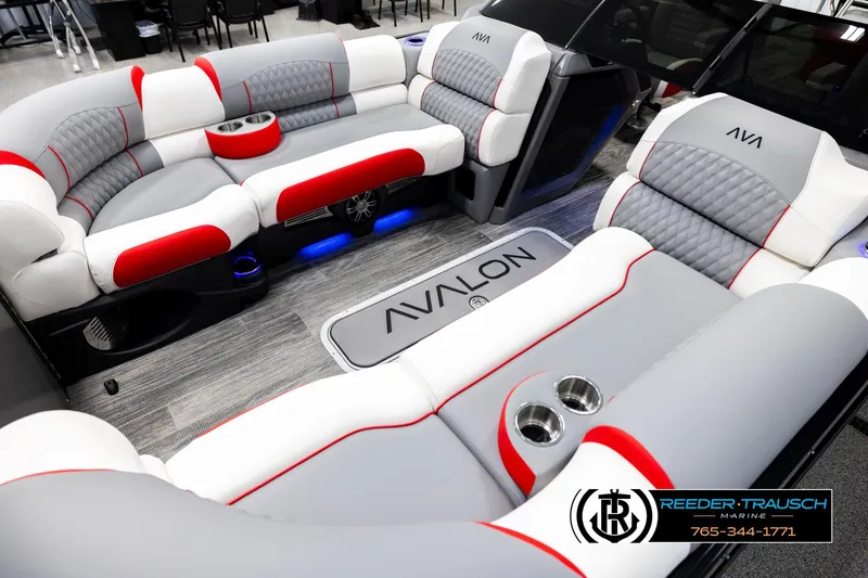 Slide: The Image of Luxurious 2026 Avalon CAT CRBW boat interior with stylish seating and cup holders. - 10