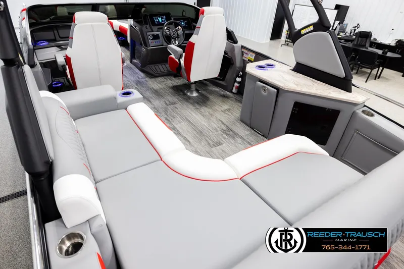 Slide: The Image of Luxurious interior of 2026 Avalon CAT CRBW boat with modern seating and dashboard. - 11