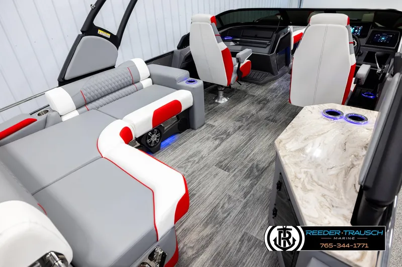 Slide: The Image of Luxurious interior of 2026 Avalon CAT CRBW boat with modern seating and sleek design. - 12