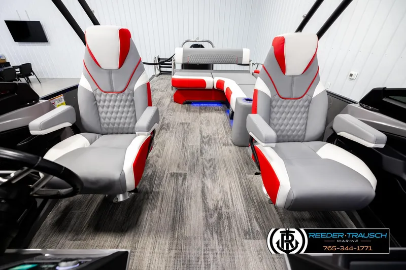 Slide: The Image of Luxurious interior of 2026 Avalon CAT CRBW boat with modern seating and sleek design. - 14