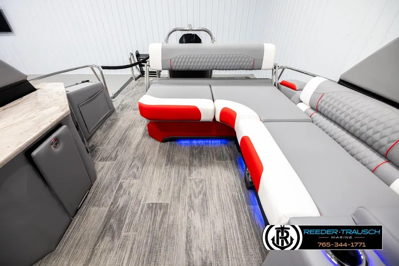 Slide: The Image of Luxurious Avalon CAT CRBW 2026 boat interior with modern seating and ambient lighting. - 15