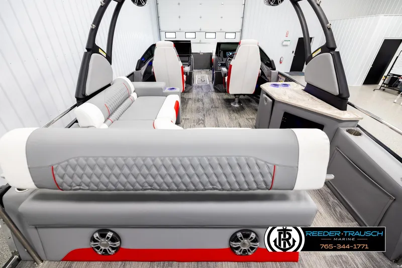 Slide: The Image of Luxurious interior of 2026 Avalon CAT CRBW boat with modern seating and sleek design. - 16