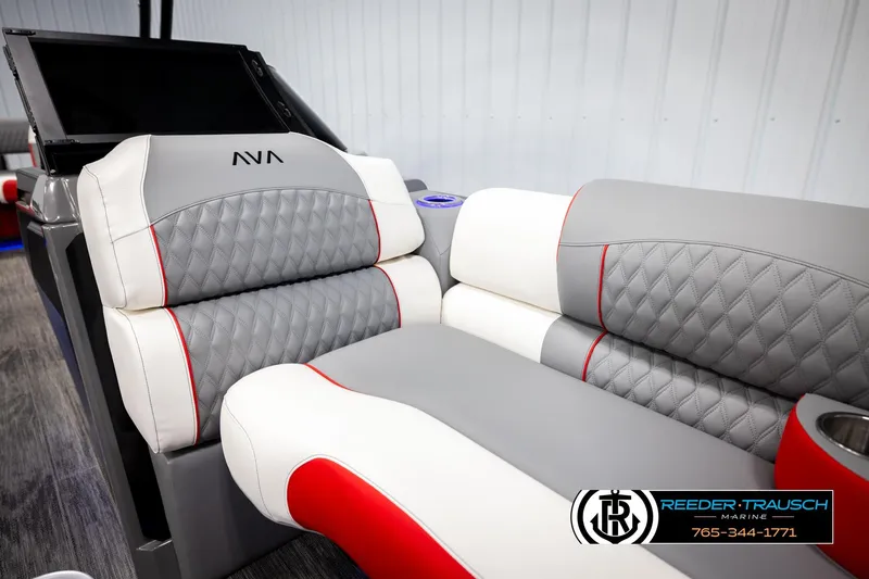 Slide: The Image of Luxurious Avalon CAT CRBW 2026 boat seating with gray, white, and red accents. - 21