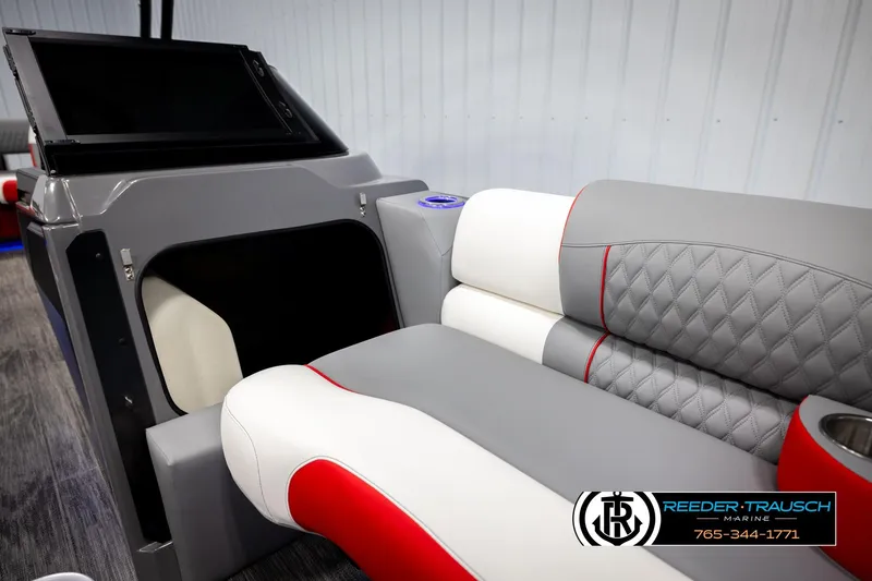 Slide: The Image of Luxurious seating in 2026 Avalon CAT CRBW boat with quilted design and modern console. - 22