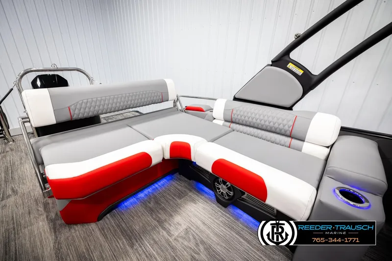 Slide: The Image of Luxurious Avalon CAT CRBW 2026 boat interior with stylish seating and ambient lighting. - 24