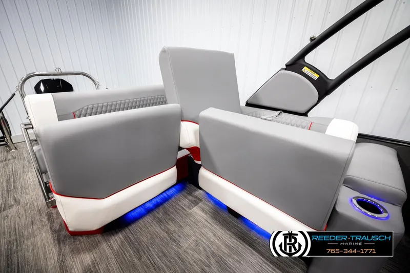 Slide: The Image of Luxurious Avalon CAT CRBW 2026 boat interior with gray seating and blue LED lighting. - 25