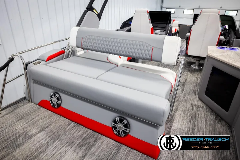 Slide: The Image of 2026 Avalon CAT CRBW boat interior with modern seating and sleek design. - 26