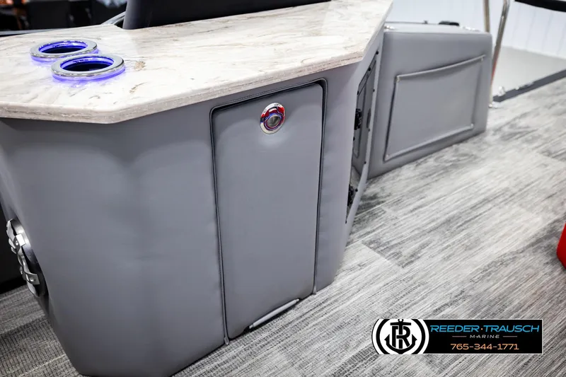 Slide: The Image of Luxurious Avalon CAT CRBW 2026 boat interior with sleek design and illuminated cup holders. - 28