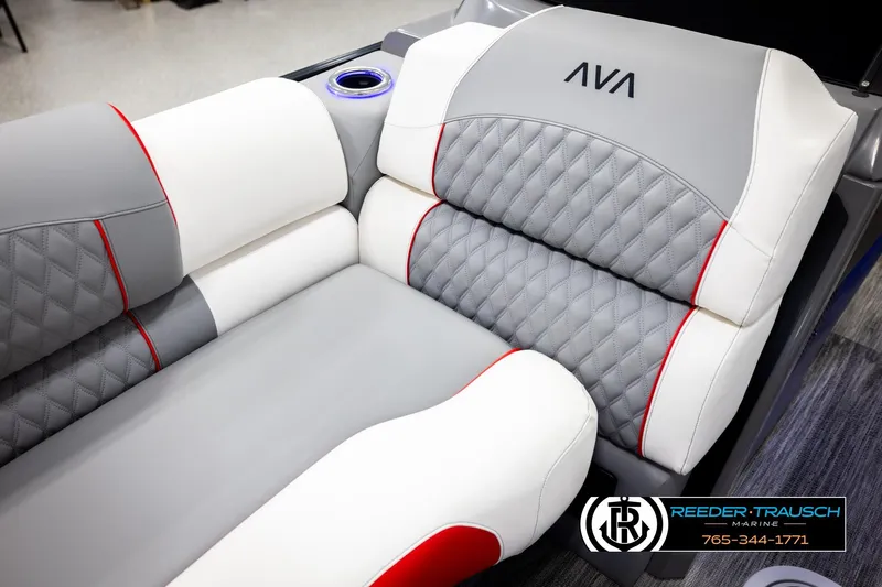 Slide: The Image of Luxurious Avalon CAT CRBW 2026 boat seating with quilted gray and white upholstery. - 44