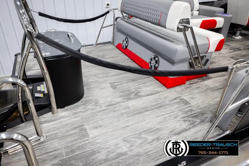 Slide: The Image of Interior of 2026 Avalon CAT CRBW boat with modern seating and sleek design. - 51