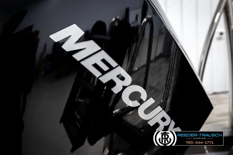 Slide: The Image of Mercury logo on Avalon CAT CRBW 2026 boat, Reeder-Trausch Marine branding visible. - 54