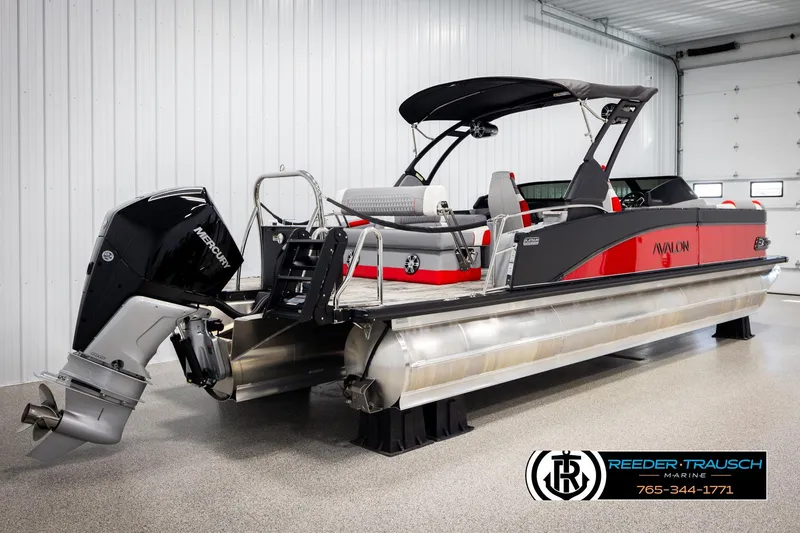 Slide: The Image of 2026 Avalon CAT CRBW pontoon boat with Mercury outboard motor in showroom. - 6