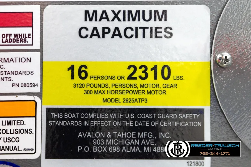 Slide: The Image of Maximum capacity label for Avalon CAT CRBW 2026, 16 persons or 2310 lbs. - 63