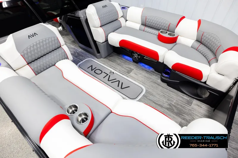 Slide: The Image of Luxurious 2026 Avalon CAT CRBW boat interior with stylish seating and cup holders. - 9