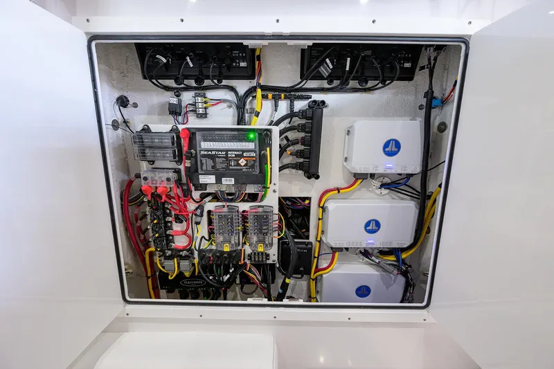 Slide: The Image of Electrical system of 2026 Sportsman Open 322 Center Console boat, showcasing wiring and components. - 40