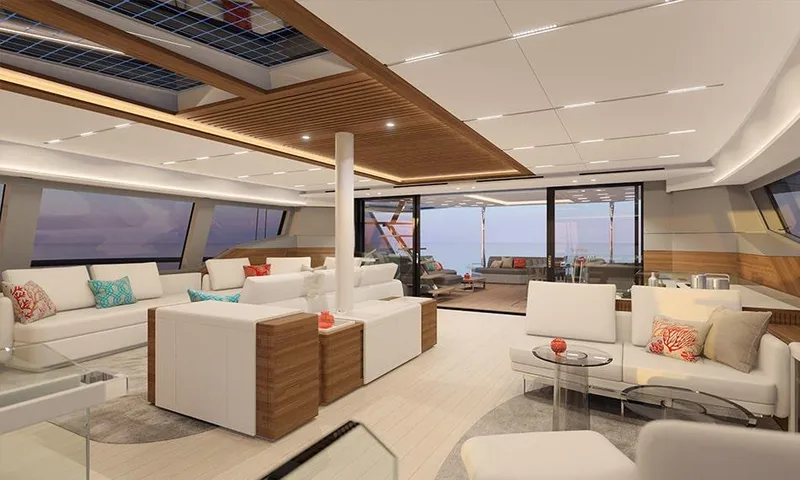 Slide: The Image of Luxurious interior of 2026 Fountaine Pajot Thira 80 yacht with modern furnishings and panoramic windows. - 10
